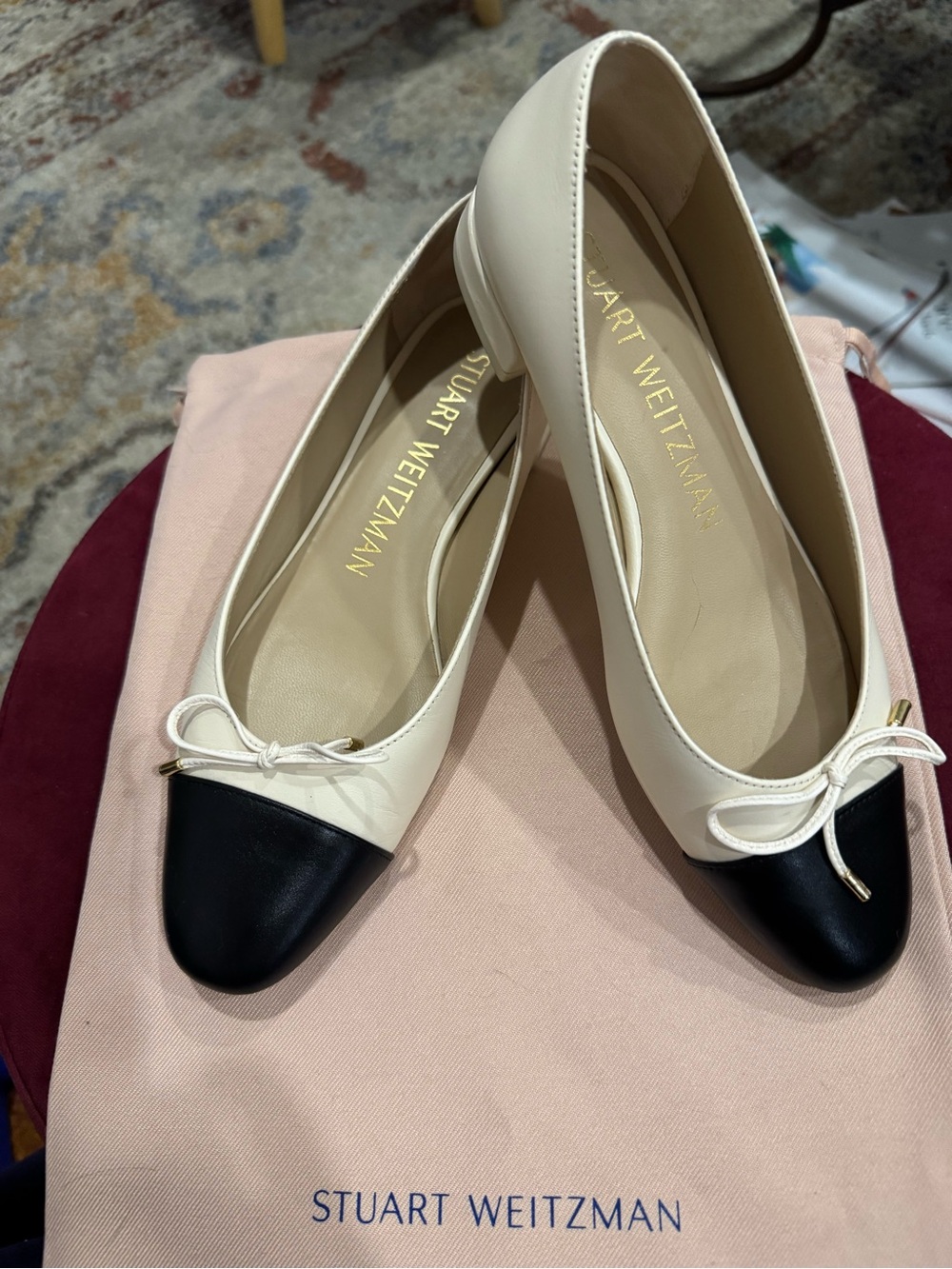 Stuart Weitzman Two-Tone Leather Ballet Flats — White and Black Cap Toe